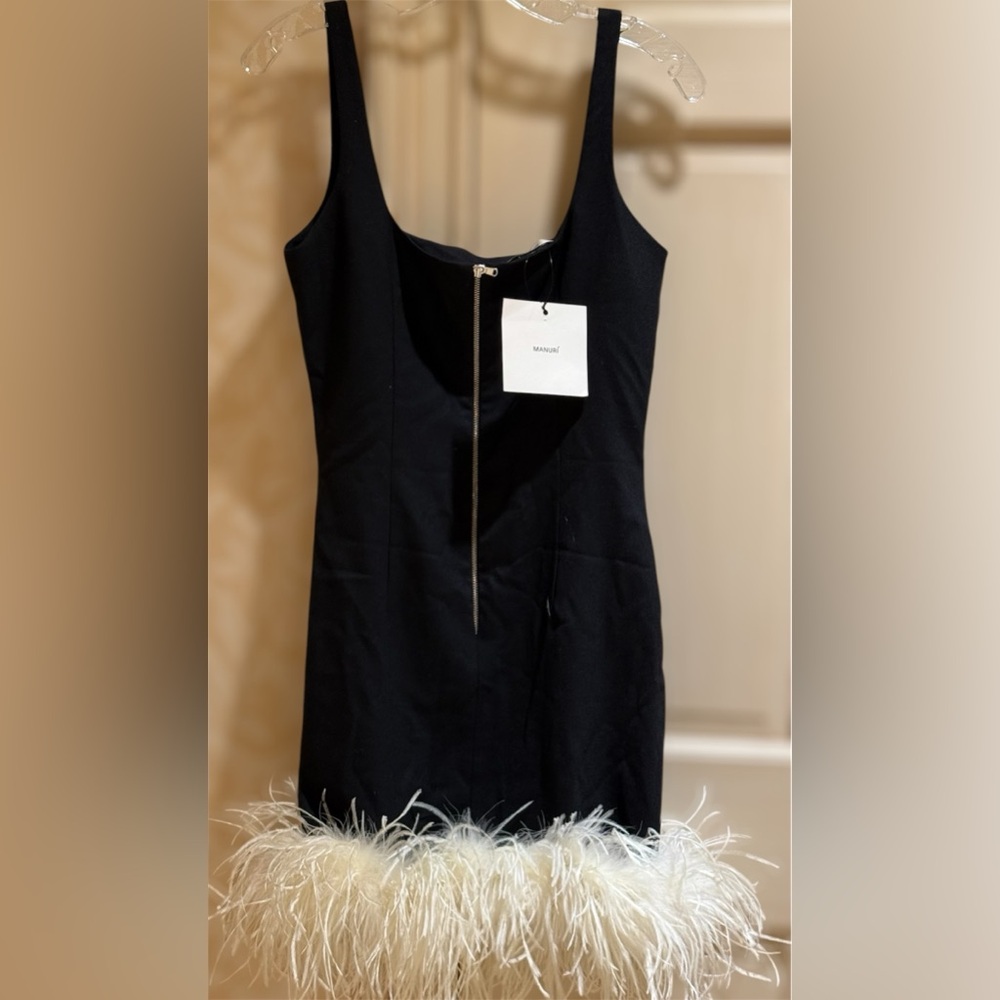 MANURI Rinna Ostrich Feather Trim Square Neck Trim Dress Black White
NWT - Picture 6 of 8